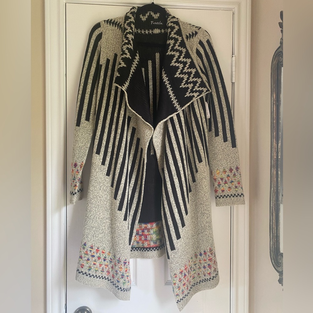 Cream and Black Geometric Cardigan Sweater
